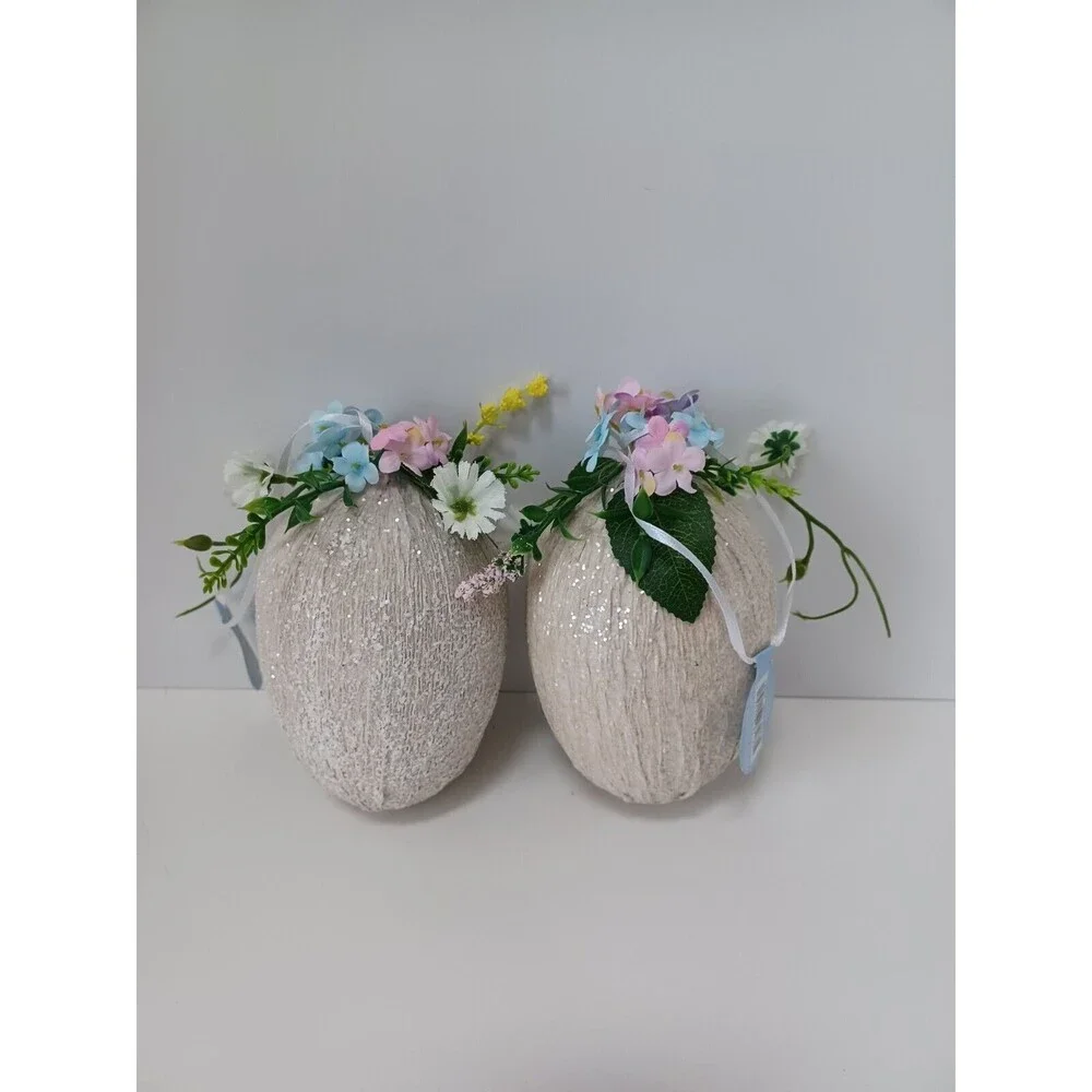 NEW Ashland Set of 2 Bunnies & Blooms Egg Ornament Easter‎ Crafts